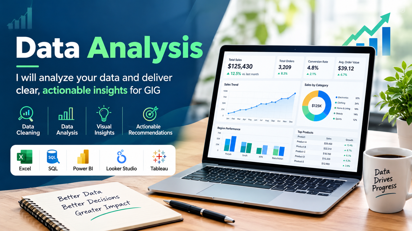 I will analyze your data and build dashboards in Power BI, Tableau,  Looker Studio,  SQL, and Excel